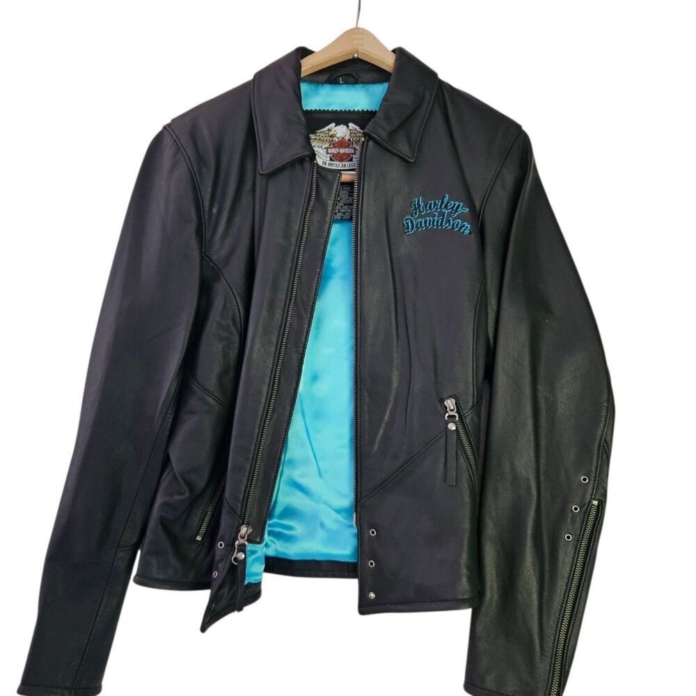 Harley-Davidson ARABELLE Leather Jacket Black Teal 97173-07VW Y2K Unworn Rare - Picture 2 of 15